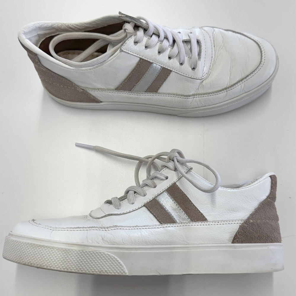 KAANAS Sneakers Womens 7 White Leather Suede Low Top Casual Metallic Stripe